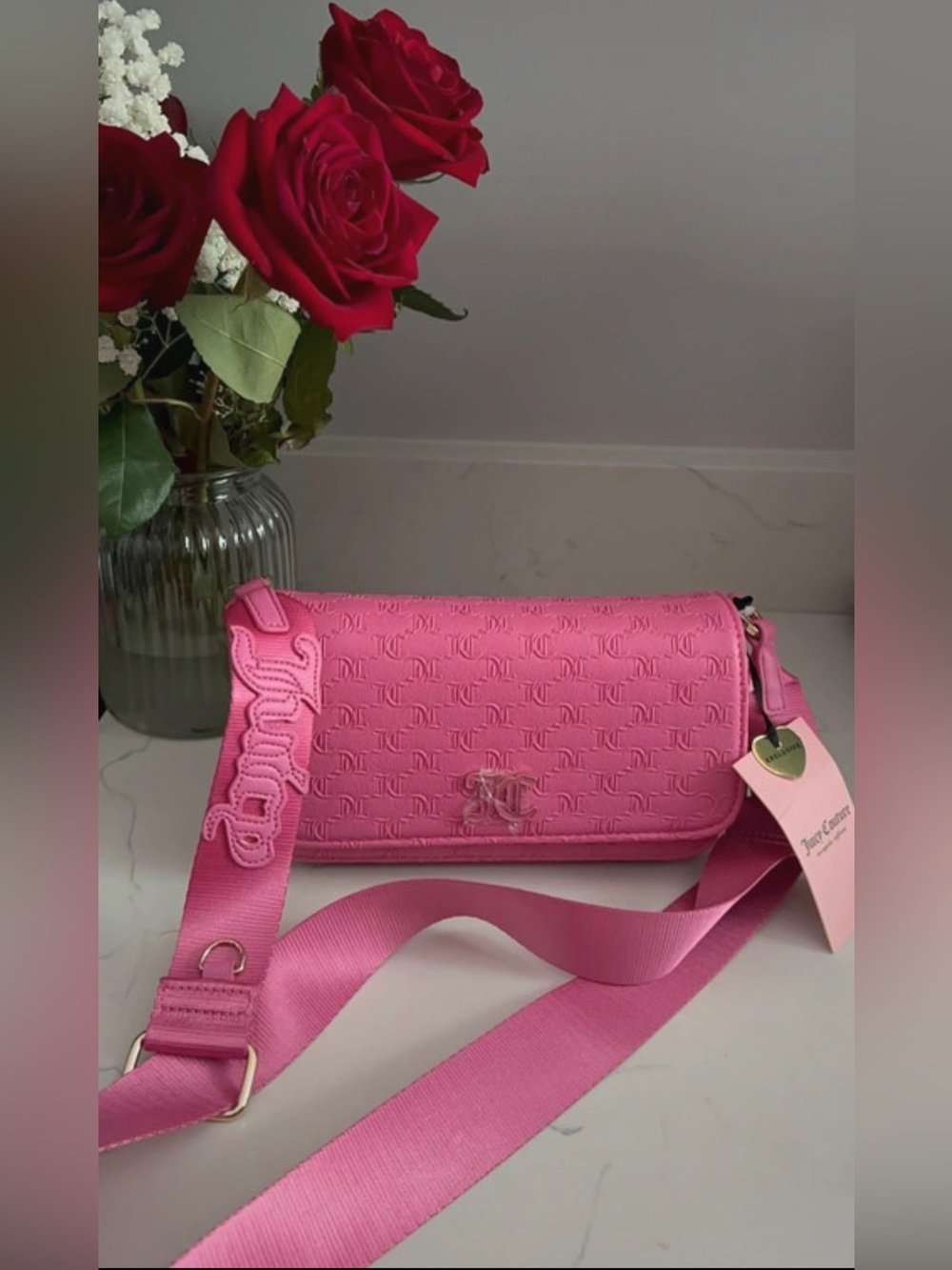 Juicy Couture Hot Pink Embossed Crossbody Bag with Wide Strap